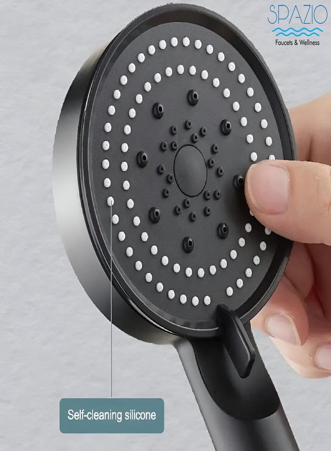 SPAZIO طقم دش يدوي أسود متعدد التدفقات عالي الضغط من SPAZIO HS-2 ABS مع أنبوب أسود بطول 1.5 متر وخطاف حائط (مجموعة من قطعة واحدة) للحمام / صنبور خلاط حائط (نوع تركيب على الحائط) - Image 2